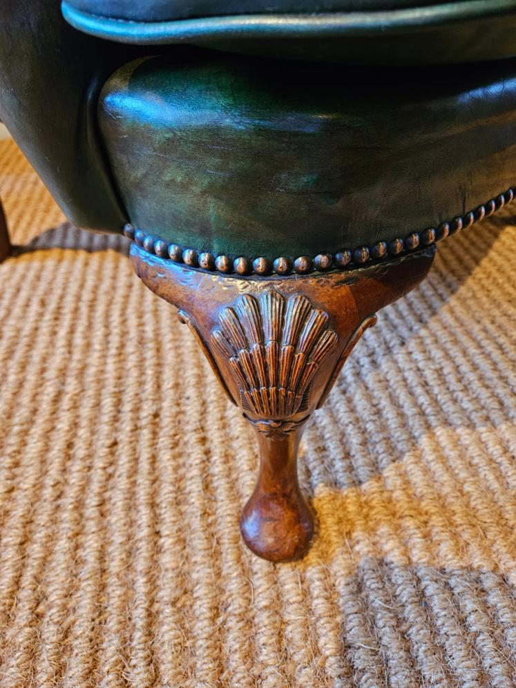 George III Walnut Cabriole Leg Leather Wing Back Arm Chair - Image 2