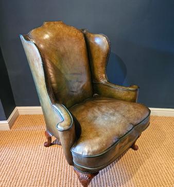 George III Walnut Cabriole Leg Leather Wing Back Arm Chair