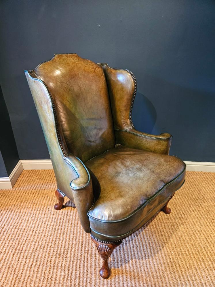 George III Walnut Cabriole Leg Leather Wing Back Arm Chair - Image 1
