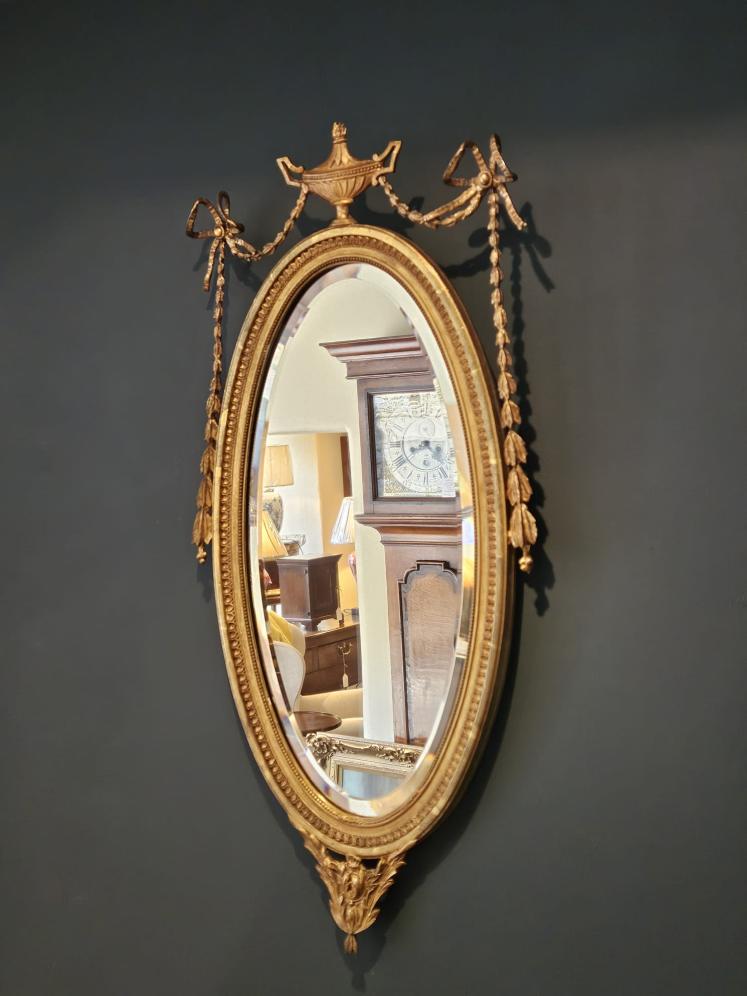 Victorian Oval Timber Gilt Mirror with Urn Top Pediment - Image 3