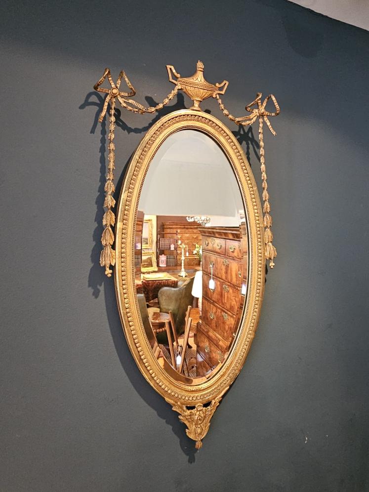 Victorian Oval Timber Gilt Mirror with Urn Top Pediment - Image 2