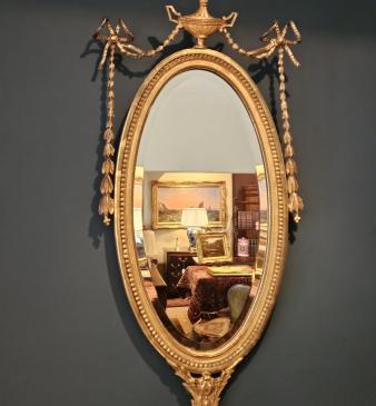Victorian Oval Timber Gilt Mirror with Urn Top Pediment