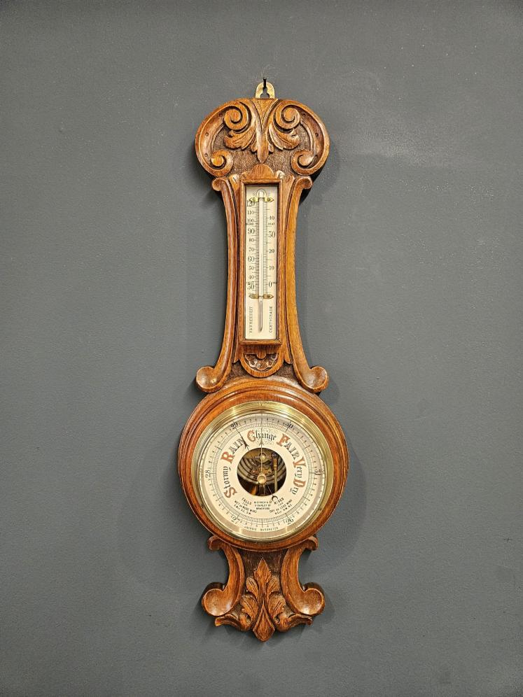Small Skeletonised Movement Banjo Barometer with Porcelain Dial - Image 1