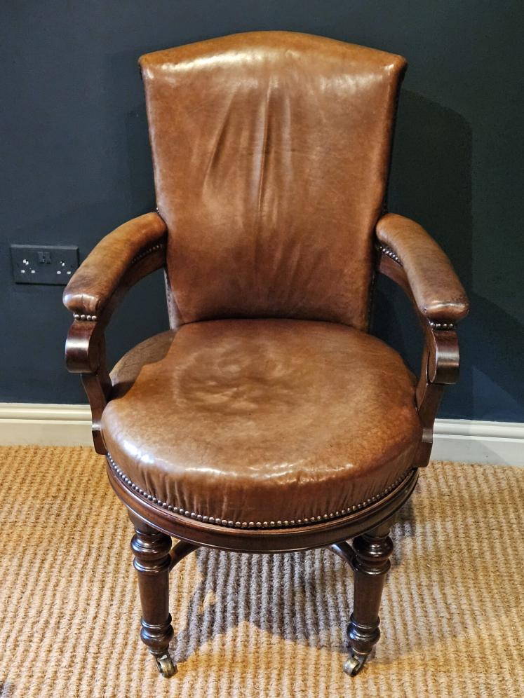 Victorian Revolving Desk Chair with Original Hide Upholstery - Image 6