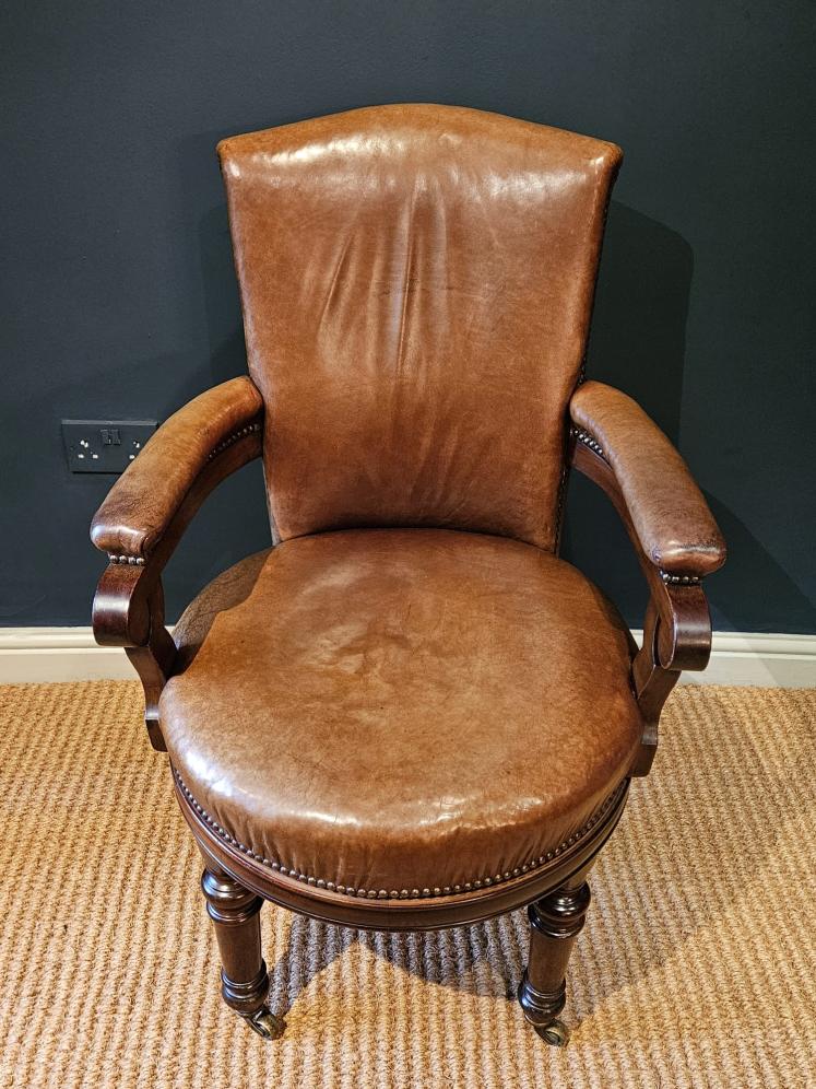 Victorian Revolving Desk Chair with Original Hide Upholstery - Image 4