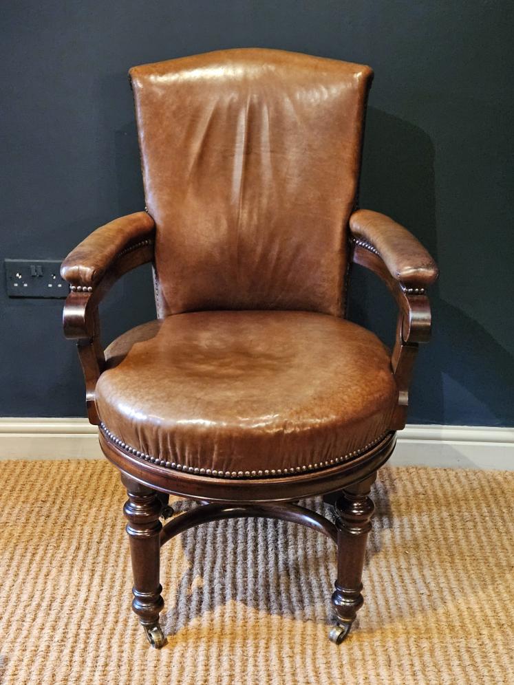 Victorian Revolving Desk Chair with Original Hide Upholstery - Image 2