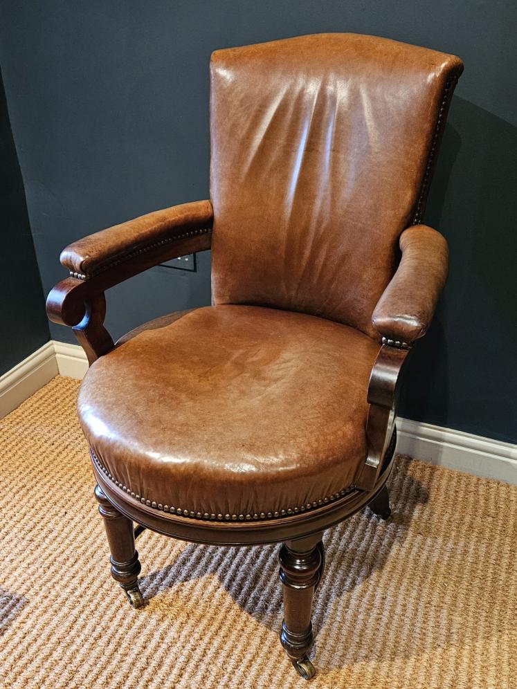 Victorian Revolving Desk Chair with Original Hide Upholstery - Image 1