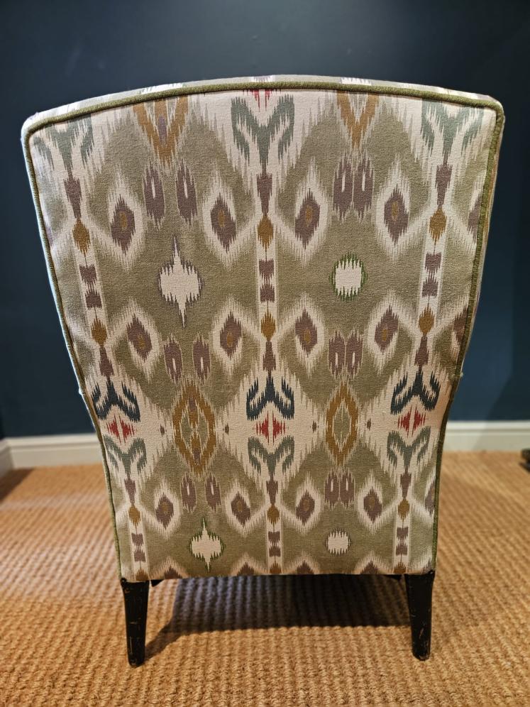 Matching Pair of Victorian Arm Chairs Re-upholstered in Ikat Linen Fabric - Image 7