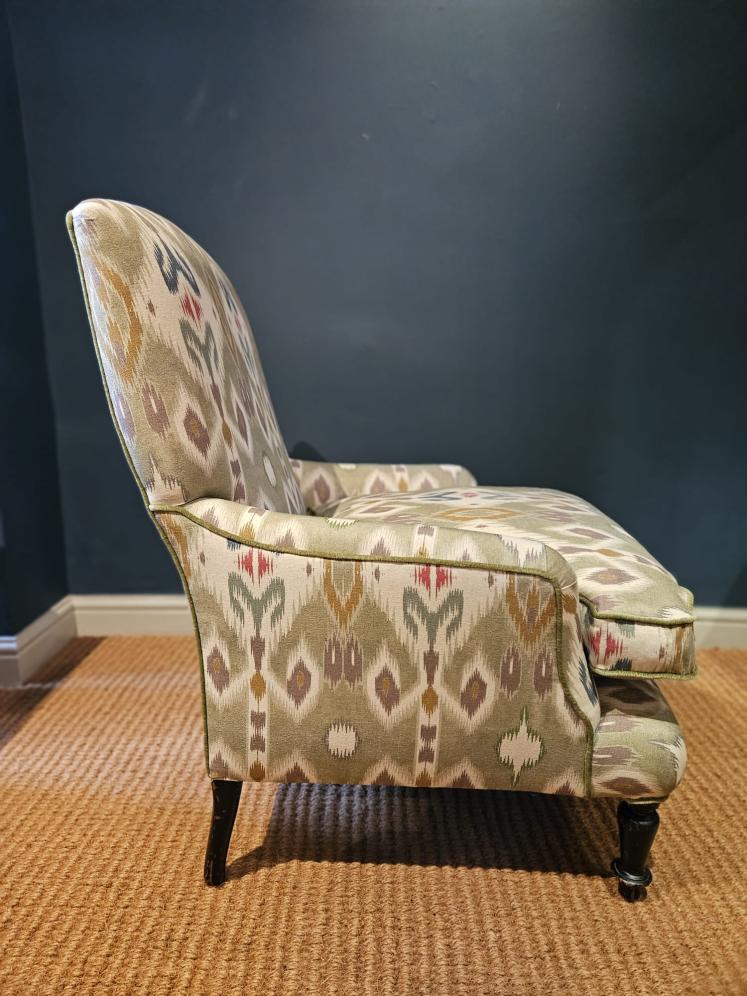 Matching Pair of Victorian Arm Chairs Re-upholstered in Ikat Linen Fabric - Image 6
