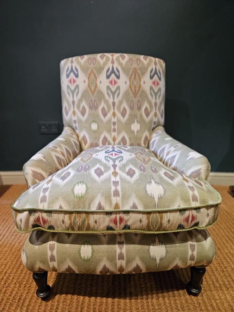 Matching Pair of Victorian Arm Chairs Re-upholstered in Ikat Linen Fabric - Image 4