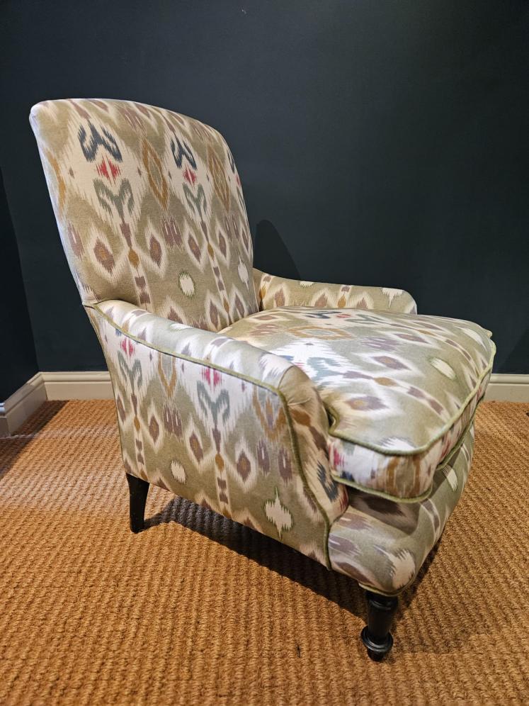 Matching Pair of Victorian Arm Chairs Re-upholstered in Ikat Linen Fabric - Image 3