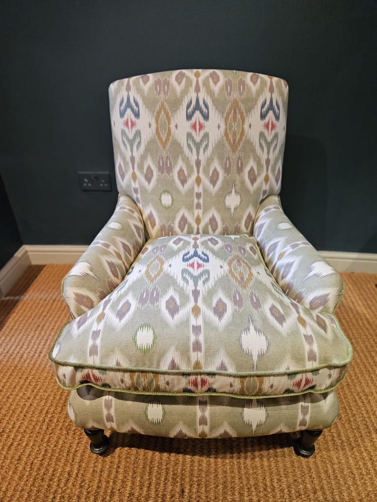 Matching Pair of Victorian Arm Chairs Re-upholstered in Ikat Linen Fabric - Image 2