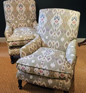 Matching Pair of Victorian Arm Chairs Re-upholstered in Ikat Linen Fabric - Image