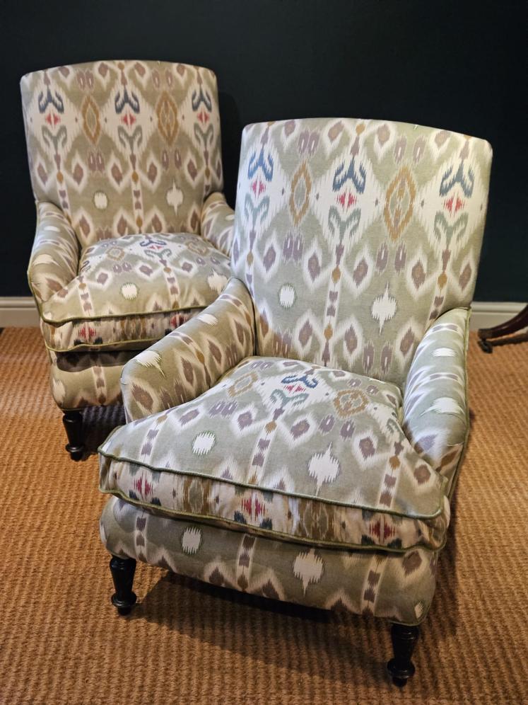 Matching Pair of Victorian Arm Chairs Re-upholstered in Ikat Linen Fabric - Image 1