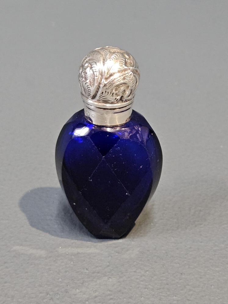 Victorian Bristol Blue Scent Bottle with Silver Top - Image 1