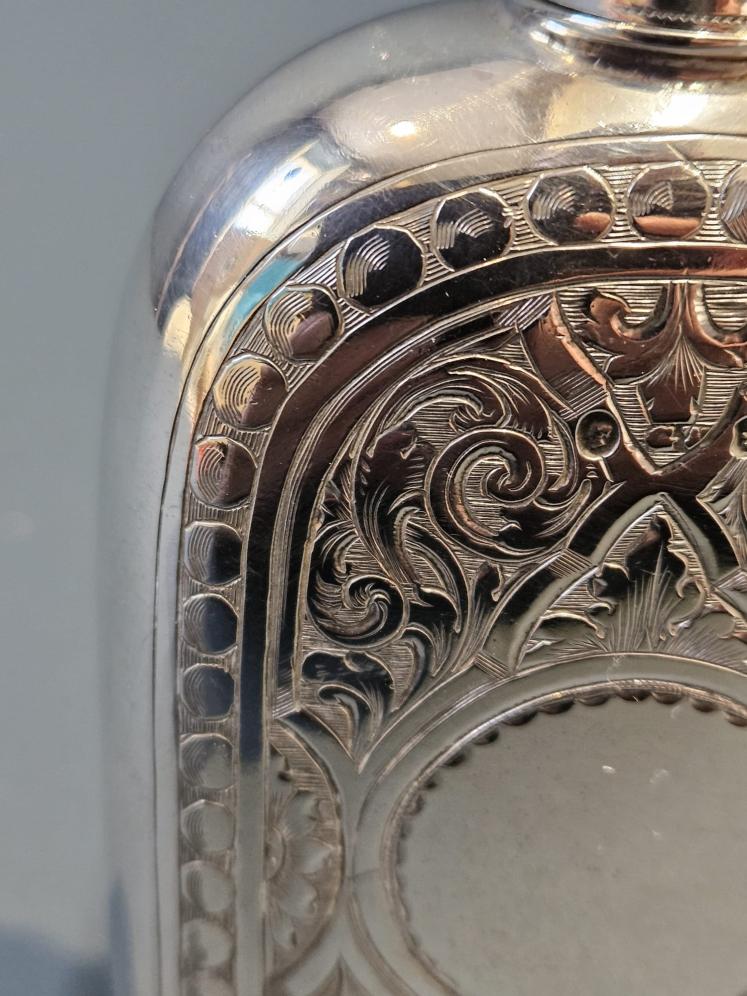 Fine Quality Victorian Engraved Silver Hip Flask by George Unite - Image 3