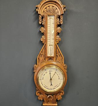 Compact Victorian Golden Oak Banjo Barometer - Image