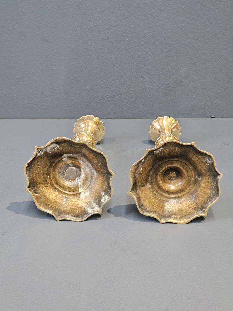 Pair of Pre 1750 George II Brass Petal Base Candlesticks  - Image 7