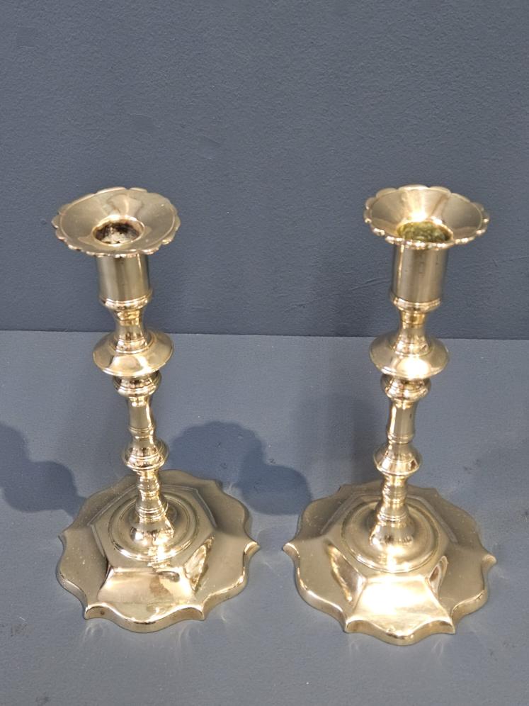 Pair of Pre 1750 George II Brass Petal Base Candlesticks  - Image 6