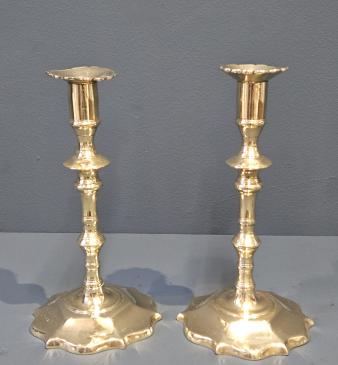 Pair of Pre 1750 George II Brass Petal Base Candlesticks  - Image