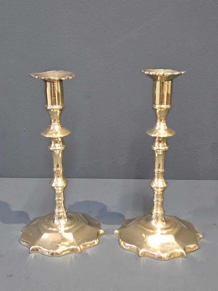Pair of Pre 1750 George II Brass Petal Base Candlesticks  - Image 1