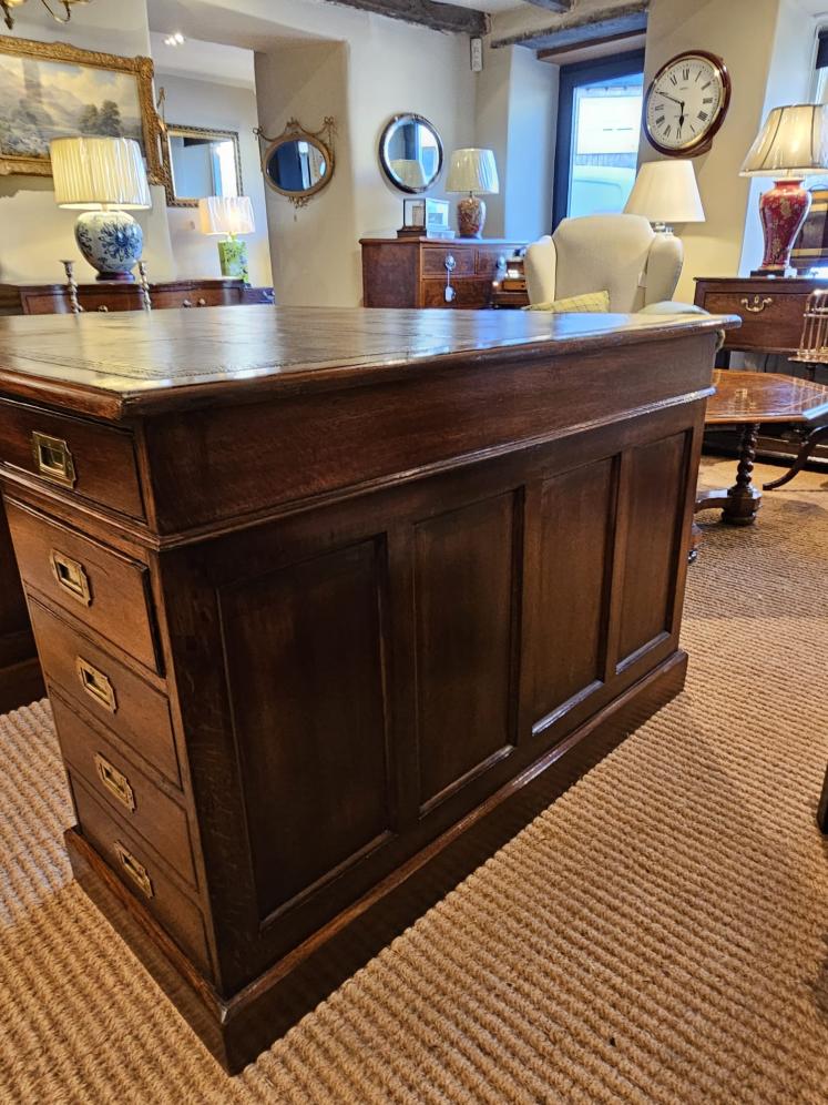 Large Victorian Oak Partners Desk with Campaign Handles - Image 10