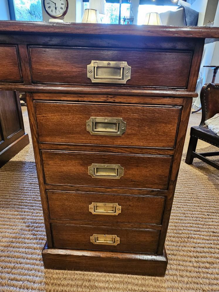 Large Victorian Oak Partners Desk with Campaign Handles - Image 7