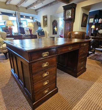 Large Victorian Oak Partners Desk with Campaign Handles - Image