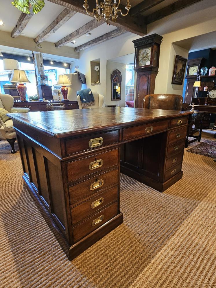 Large Victorian Oak Partners Desk with Campaign Handles - Image 1