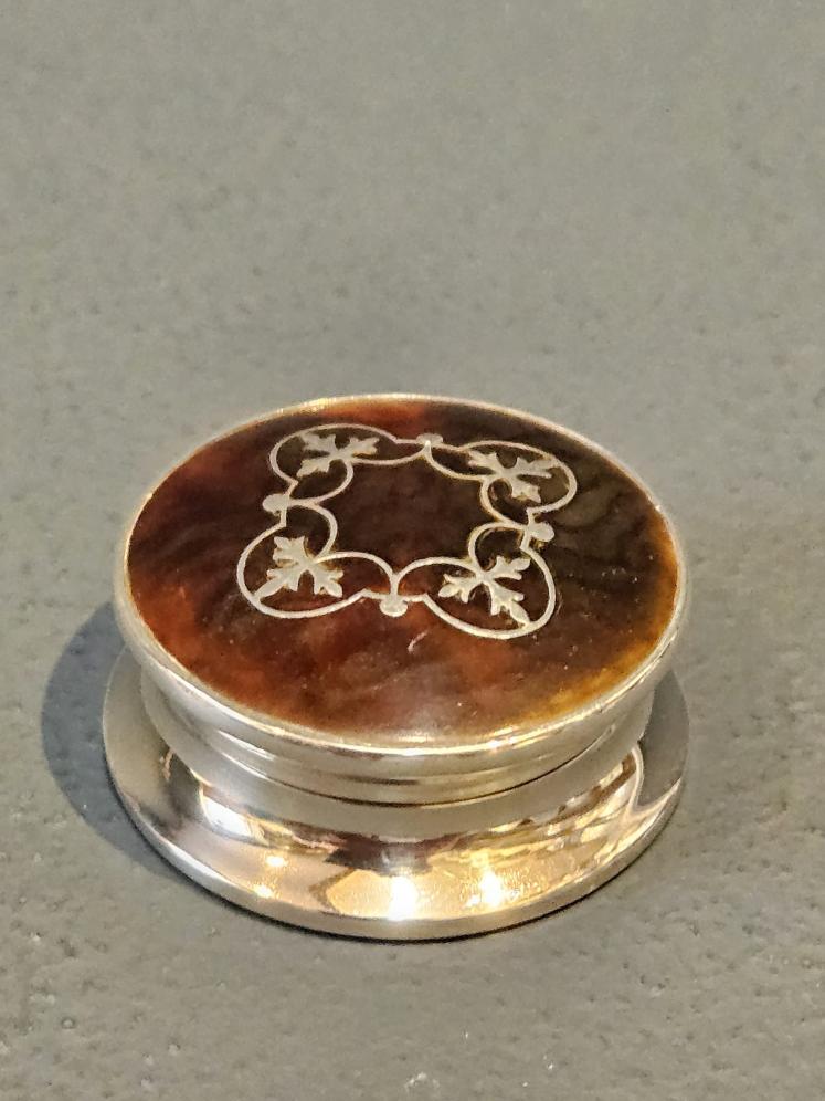 Silver and Inlaid Tortoise Shell Table Top Pill Pot - Image 1