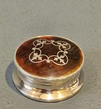 Silver and Inlaid Tortoise Shell Table Top Pill Pot