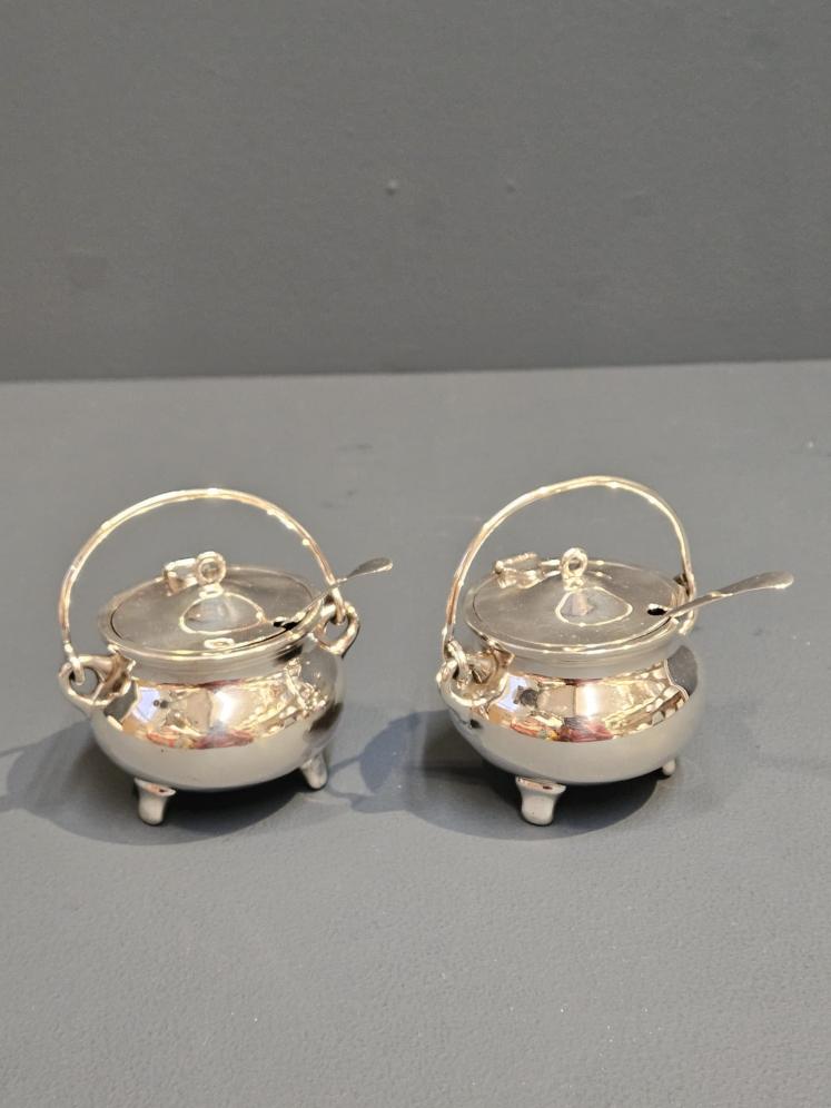 Unusual Pair of Edwardian Silver Cauldron Mustard Pots - Image 1