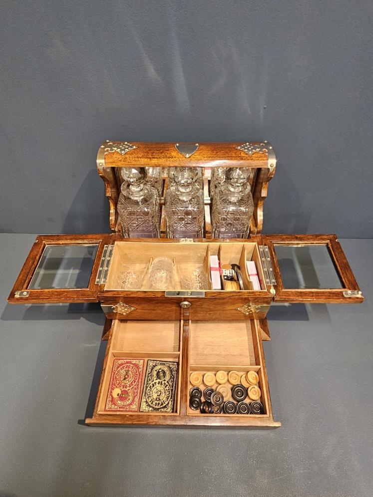 Victorian Oak After Dinner Tantalus and Gaming Box - Image 10