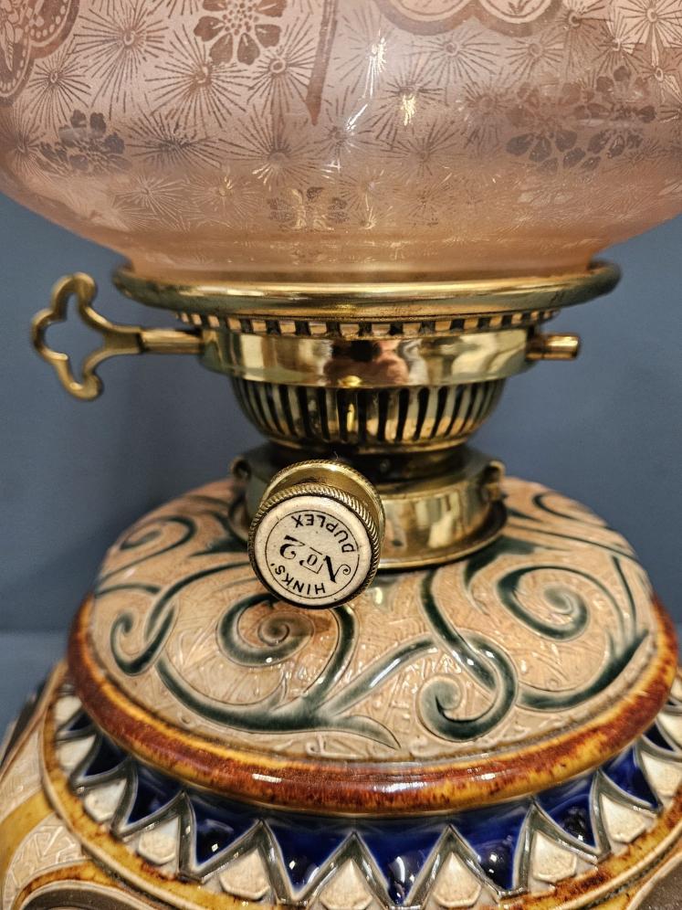 Unusual Doulton Lambeth Oil Lamp and Shade - Image 2