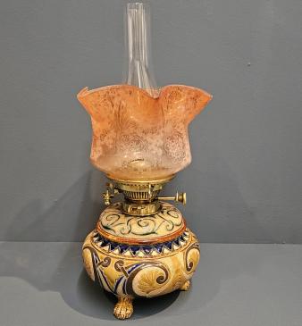 Unusual Doulton Lambeth Oil Lamp and Shade - Image