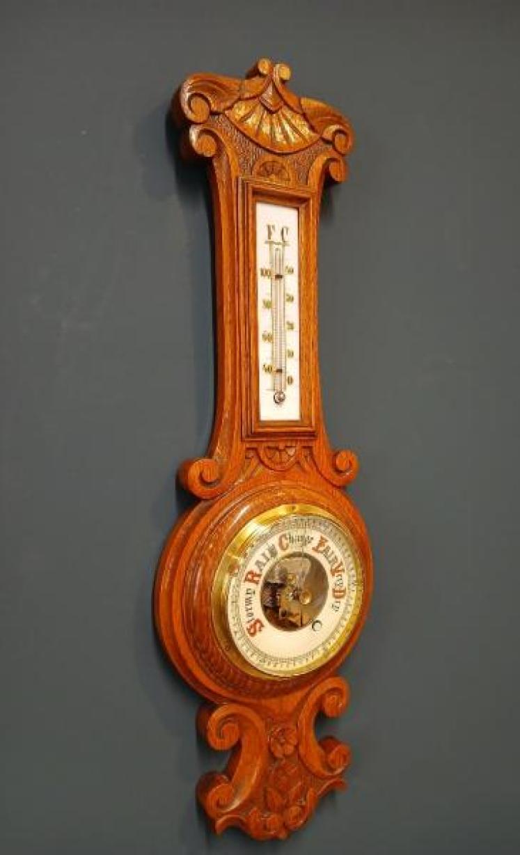 Victorian Golden Oak Banjo Barometer - Image 7