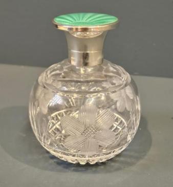George V Silver and Enamel Topped Crystal Scent Bottle