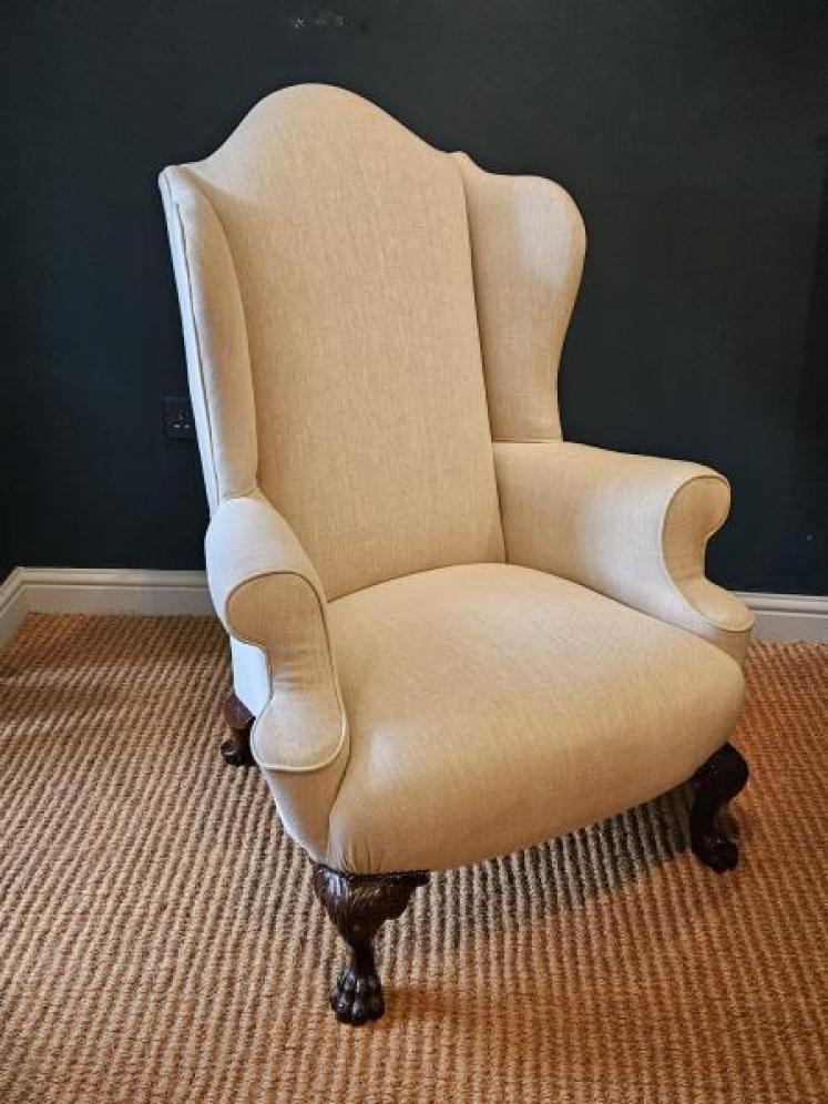 Victorian Linen Covered Wing Arm Chair - Image 1