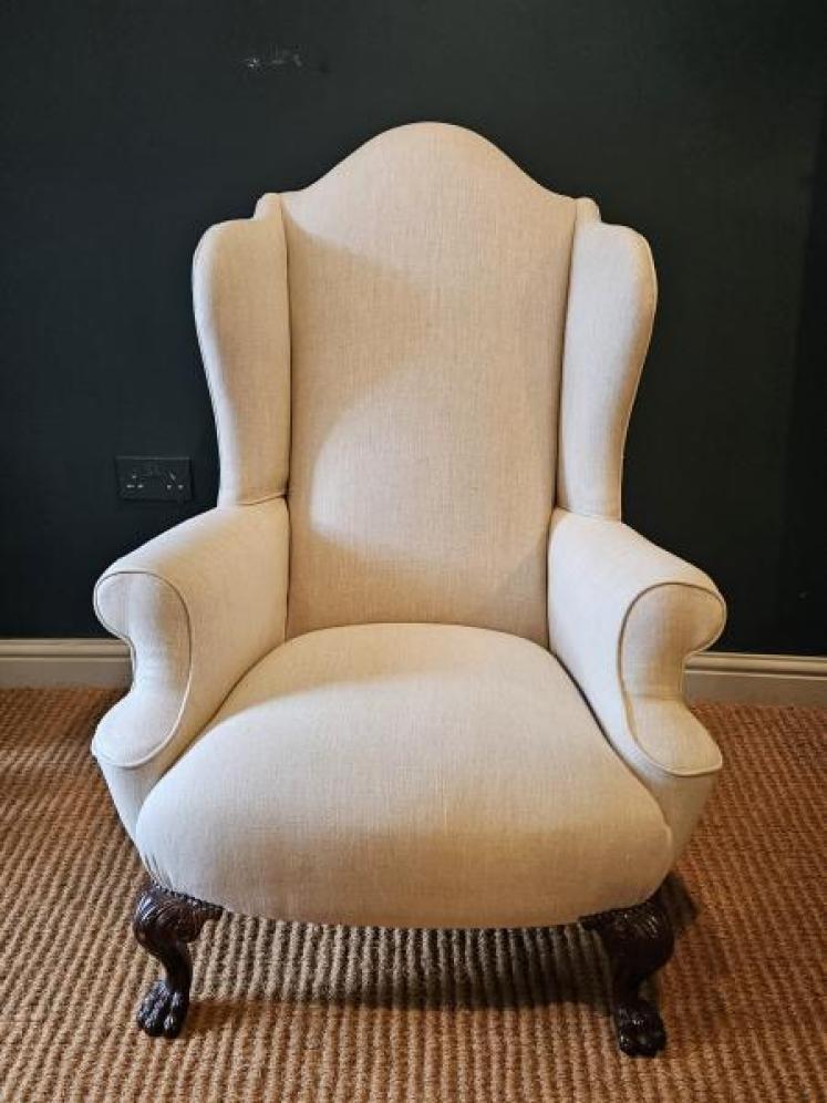 Victorian Linen Covered Wing Arm Chair - Image 2