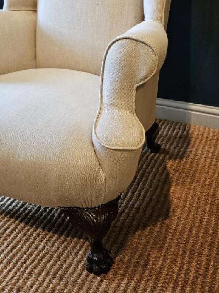 Victorian Linen Covered Wing Arm Chair - Image 3