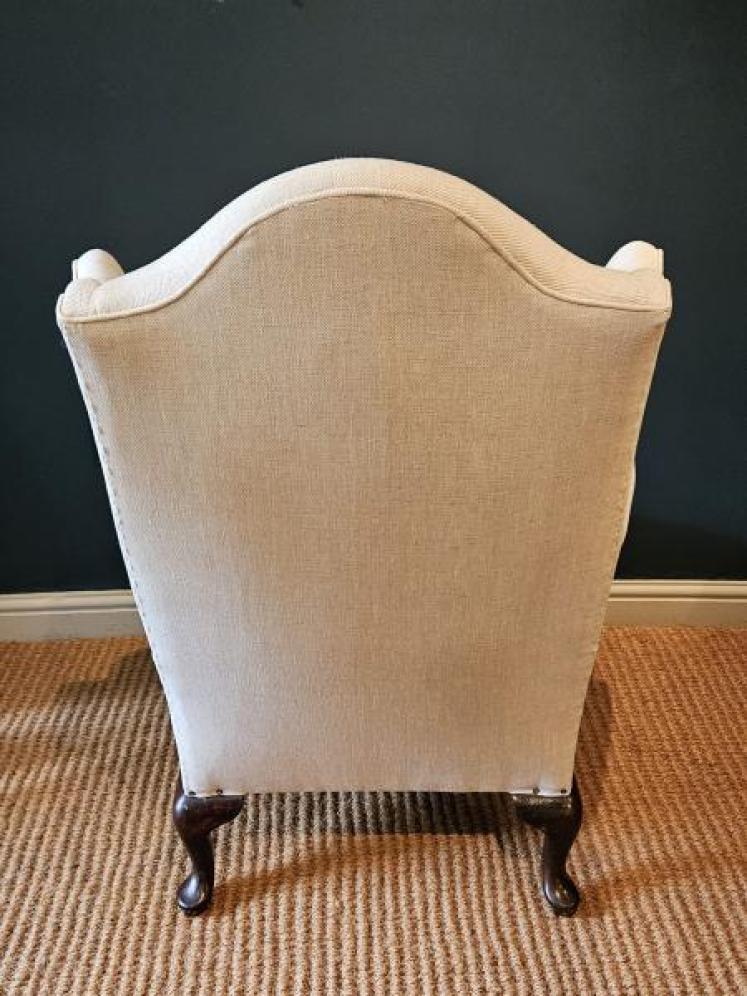 Victorian Linen Covered Wing Arm Chair - Image 4
