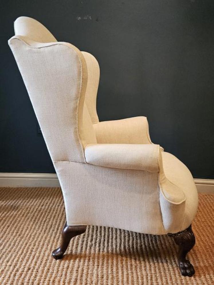 Victorian Linen Covered Wing Arm Chair - Image 5
