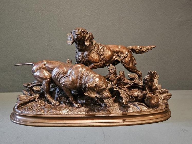 Superb Signed Bronze of Retrievers by French Sculptor Delabrierre - Image 2