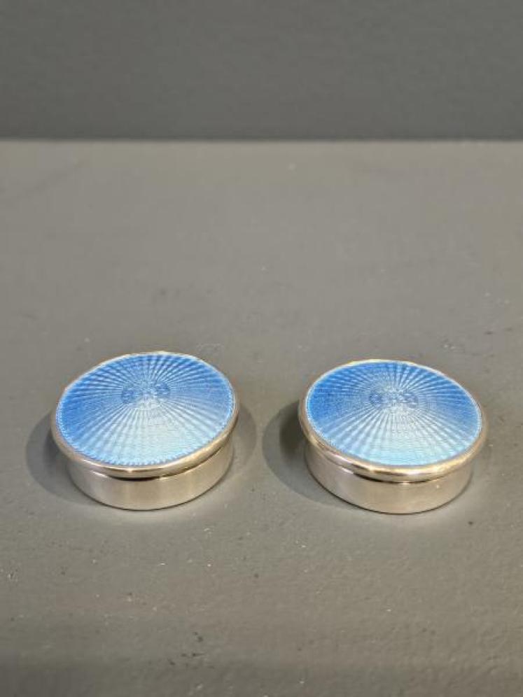 Matching Pair of Silver and Blue Engine Turned Enamel Pill Boxes - Image 1