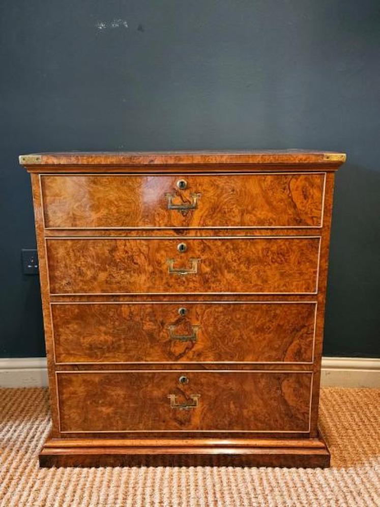 Victorian Edwards and Roberts Shallow Proportioned Burr Walnut Campaign Style Chest - Image 1