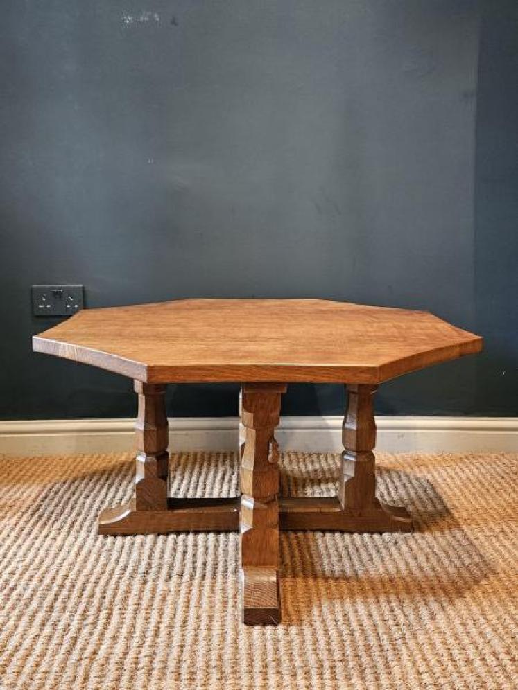 Large Mouseman Adzed Oak Four Leg Octagonal Coffee Table - Image 1