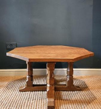 Large Mouseman Adzed Oak Four Leg Octagonal Coffee Table