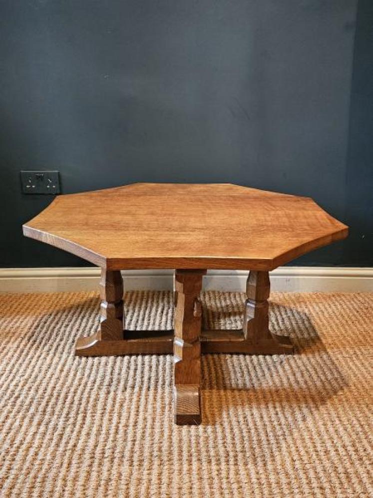 Large Mouseman Adzed Oak Four Leg Octagonal Coffee Table - Image 2