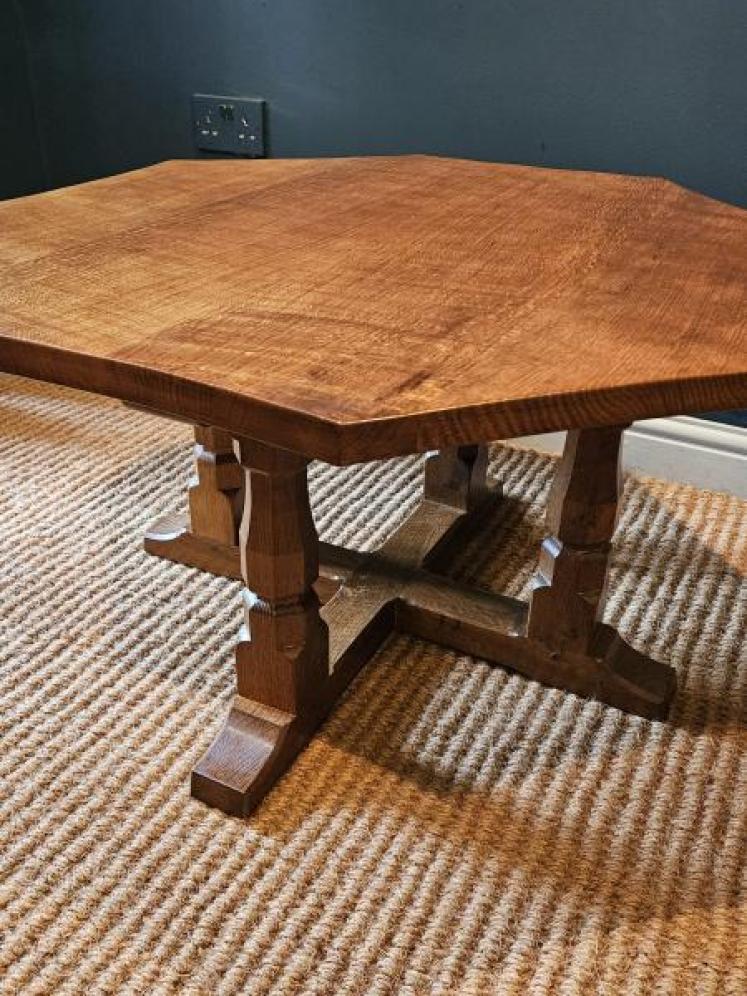 Large Mouseman Adzed Oak Four Leg Octagonal Coffee Table - Image 7