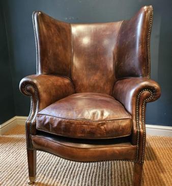 1930's Brown Leather Wing Back Arm Chair
